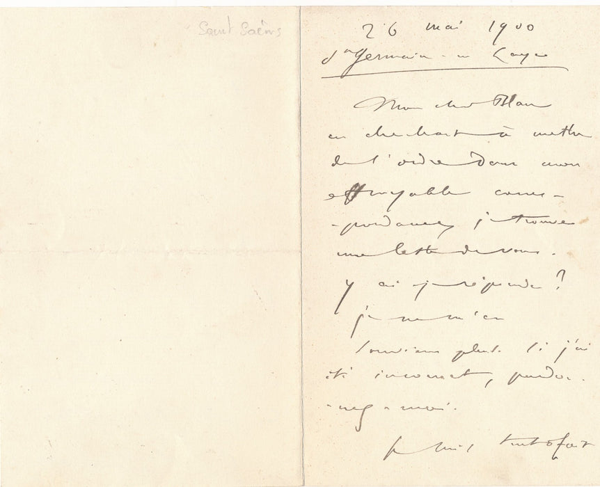 camille Saint Saens ne veut s'embarquer dans un drame lyrique lettre autographe
