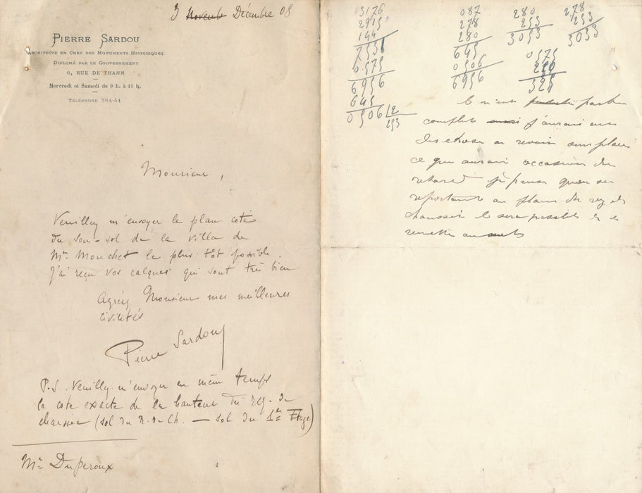 architecte Pierre Sardou demande des plans et des cotes lettre autographe signée