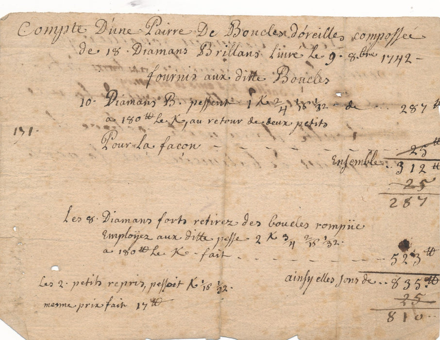 De Saint-Germain joaillier bijoux diamants facture 1742 rare document rue Bailly
