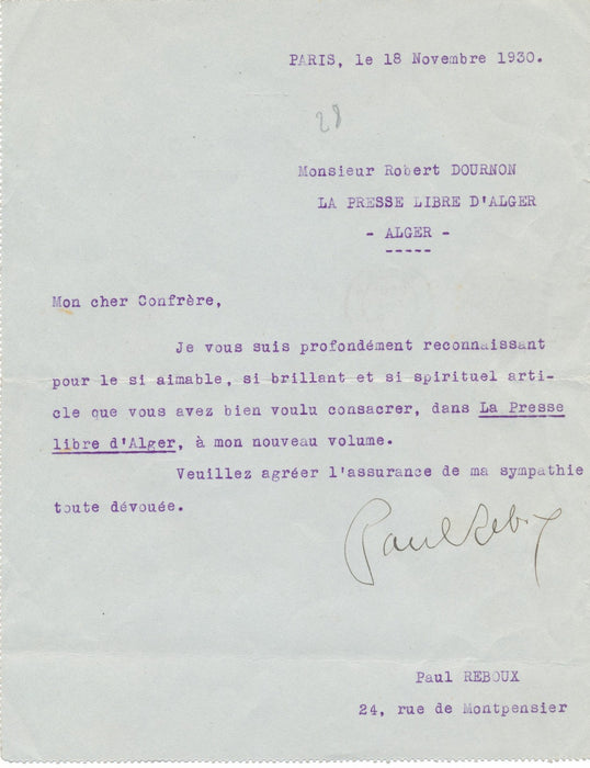 3 lettres Paul Reboux dont 1 belke autographe signées sur Les éd. poèmes d'amour
