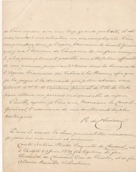 LA HAVANE sur TABAC Antoine Hector Raynald de CHOISEUL lettre autographe signée
