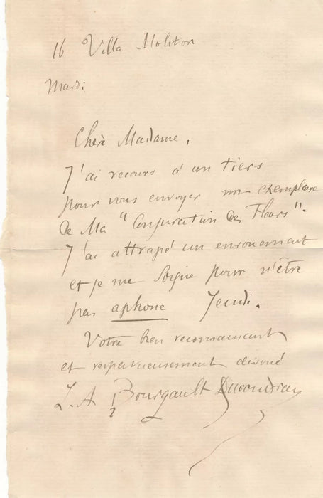 2 lettre autographe L-A BOURGAULT-DUCOUDRAY à comtesse de Beaumont Conjuration