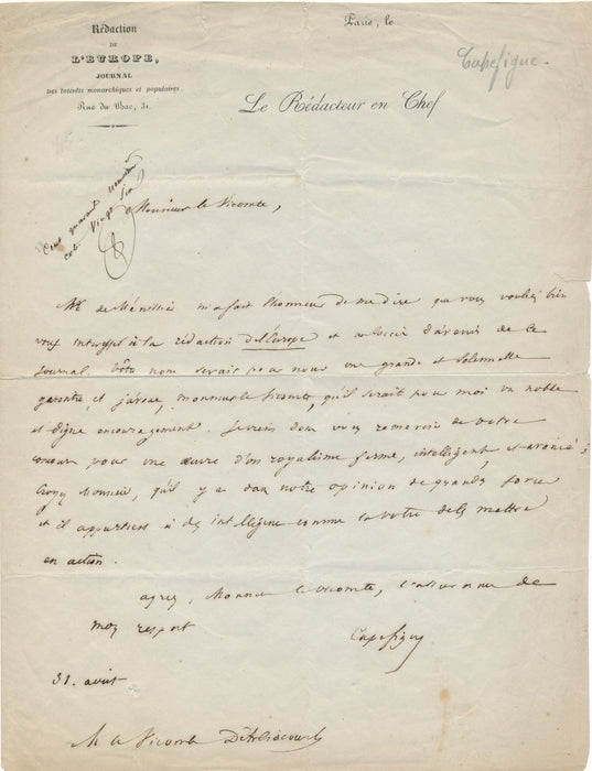 Capefigue journal Europe royalisme ferme intelligent et avancé lettre autographe