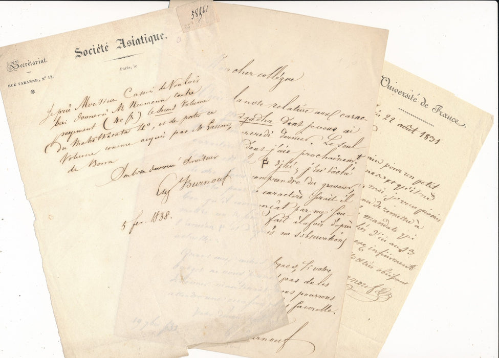 Eugène Burnouf  3 lettres autographes signées fondateur Société asiatique