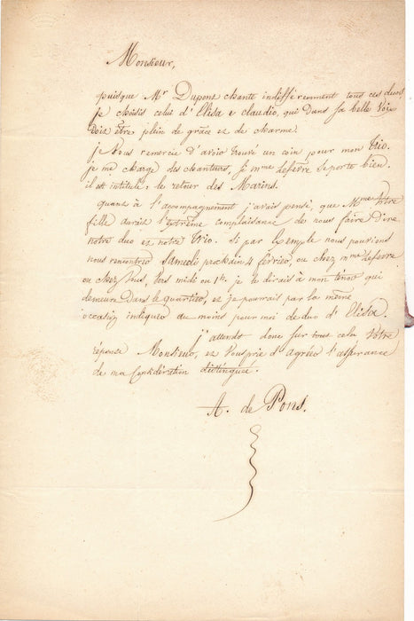 A. de Pons lettre autographe signée compositeur trio Étienne Bodin