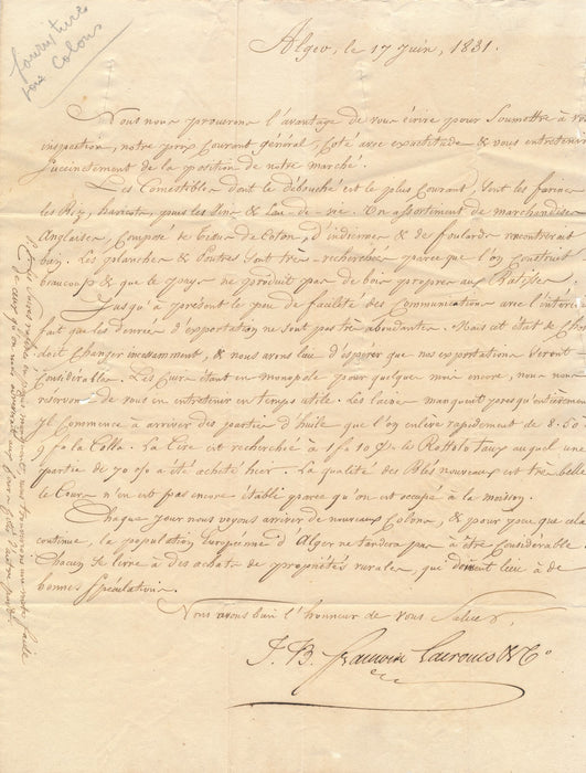 Algérie colonialisme économie lettre autographe signée J.-B. François LACROUTS