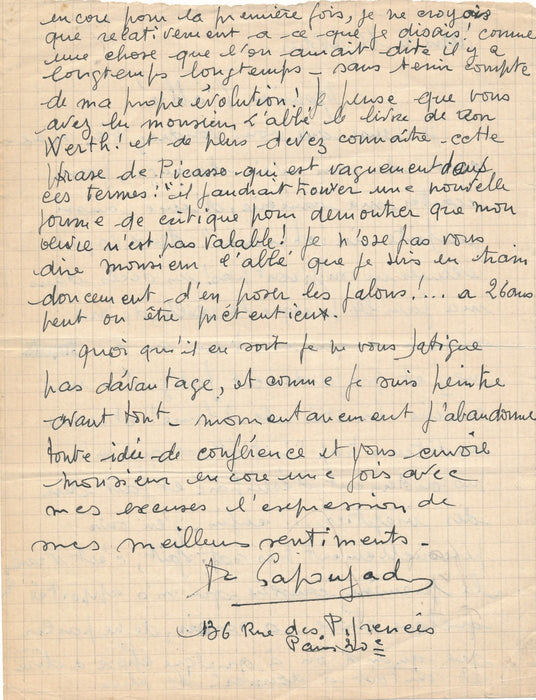 Robert Lapoujade belle lettre de jeunesse parler de son art abbé Morel
