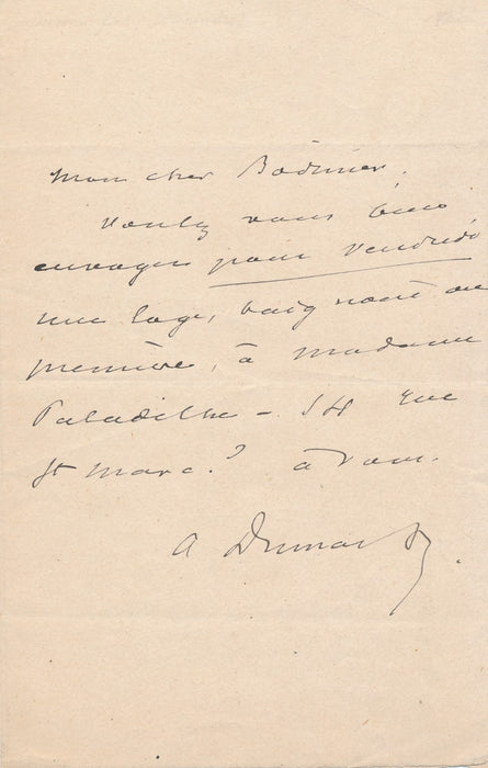 Alexandre Dumas fils envoie place pour épouse Paladilhe lettre autographe signée