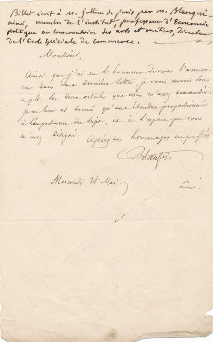 Adolphe BLANQUI dit aîné économiste billet autographe signé articles
