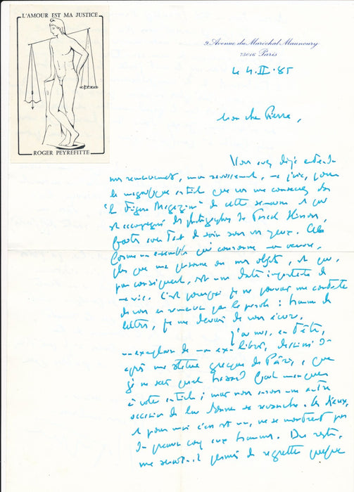 Roger Peyrefitte le cœur le grand maître lettre autographe signée