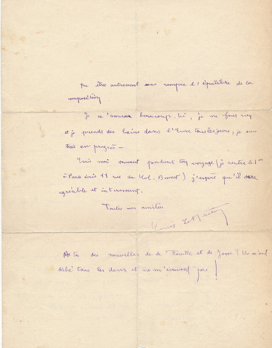 Louis LE BRETON Lettre autographe signée sur sa peinture et l'art