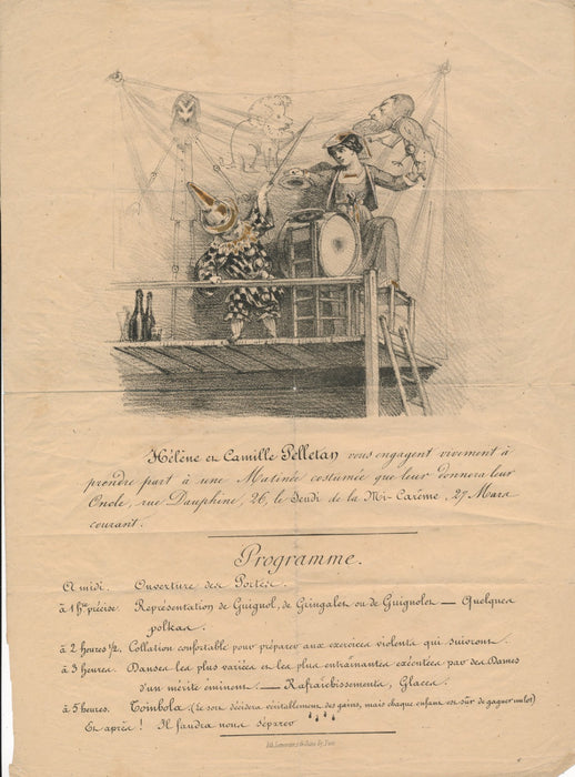 Invitation lithographie peintre Gourlier oncle Camille Pelletan jeune amusant