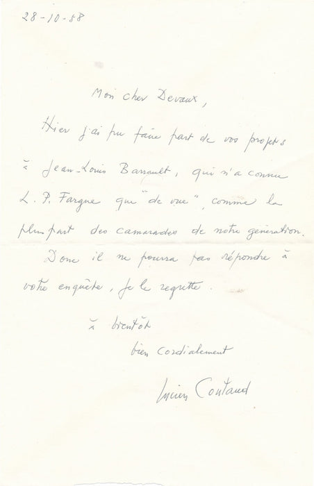 Lucien Coutaud lettre autographe signée Fargue Jean Louis Barrault