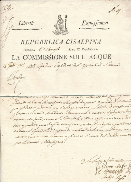 République cisalpine Republica cisalpina document signé 1801 manuscrit
