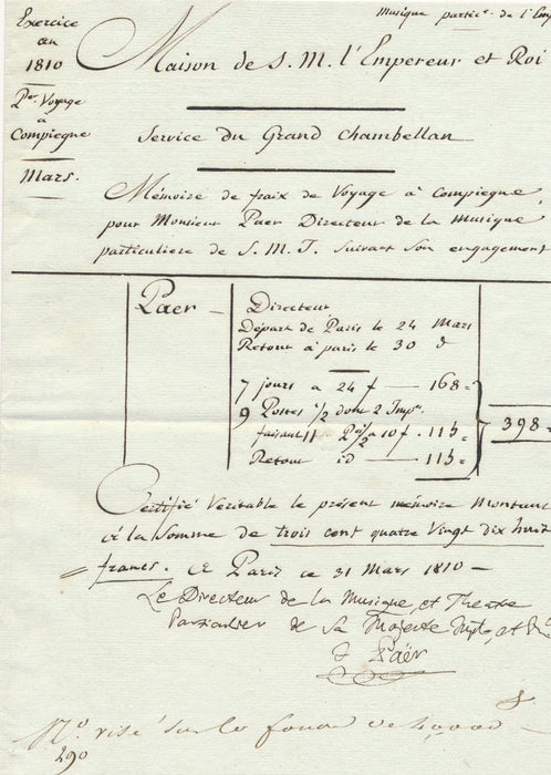 Ferdinando Paër compositeur Napoléon pièce signée Compiègne musique