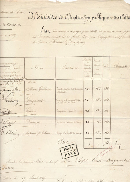 Histoire document autographe signé SAINT-MARC GIRARDIN GUIGNIAUT CAYX ST-HILAIRE