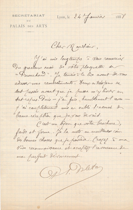 XIXe s. Lettre autographe sur le peintre Joseph Brouchoud 1888