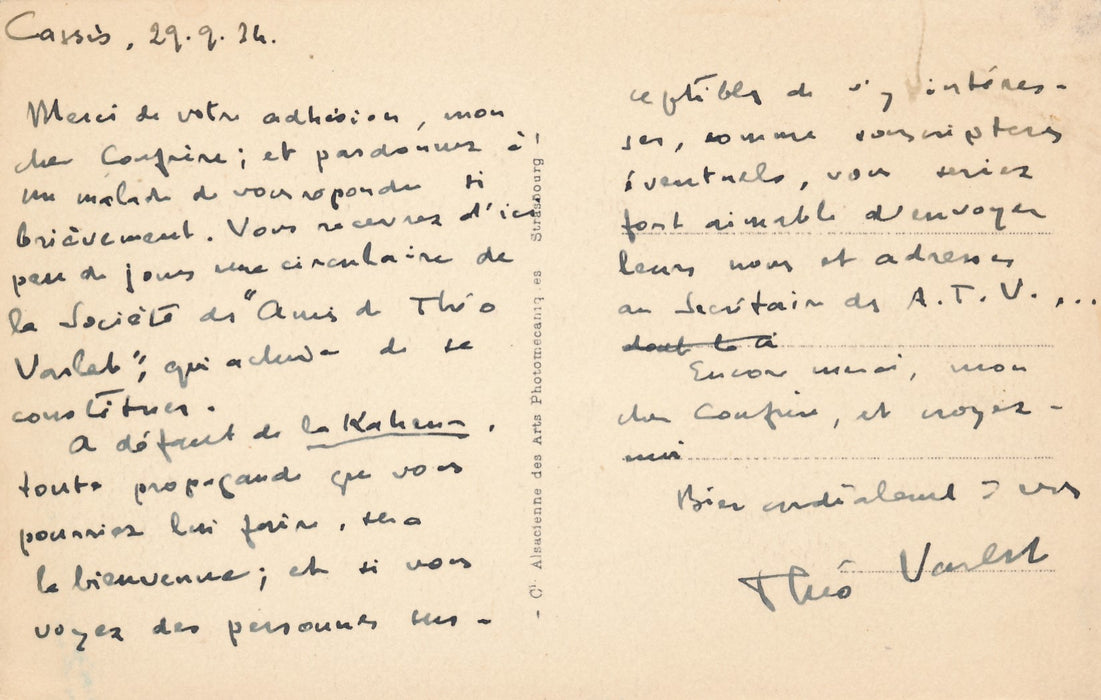 Théo Varlet et la Société des Amis de Th. Varlet 1934 carte postale autographe