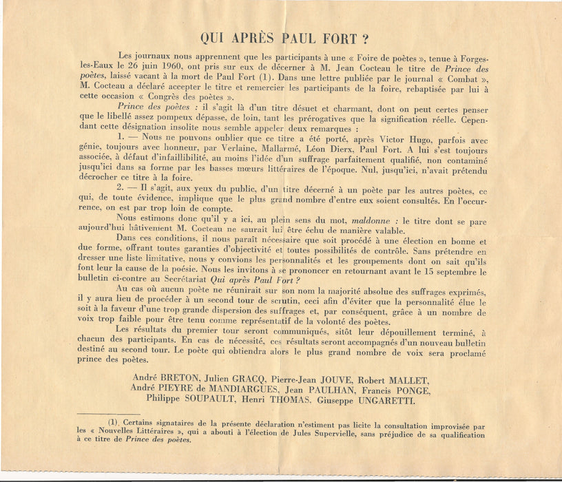 Qui après Paul Fort ? tract surrealisme 1960 contre Cocteau Prince de poètes